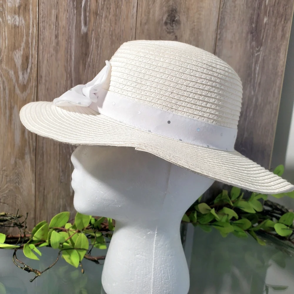 Girls Off-White Wide-Brimmed Straw Hat with Bow- Ages 4-7